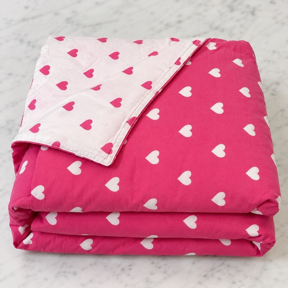 Pottery Barn Kids Pink White Heart Reversible Organic Cotton Full Queen Duvet